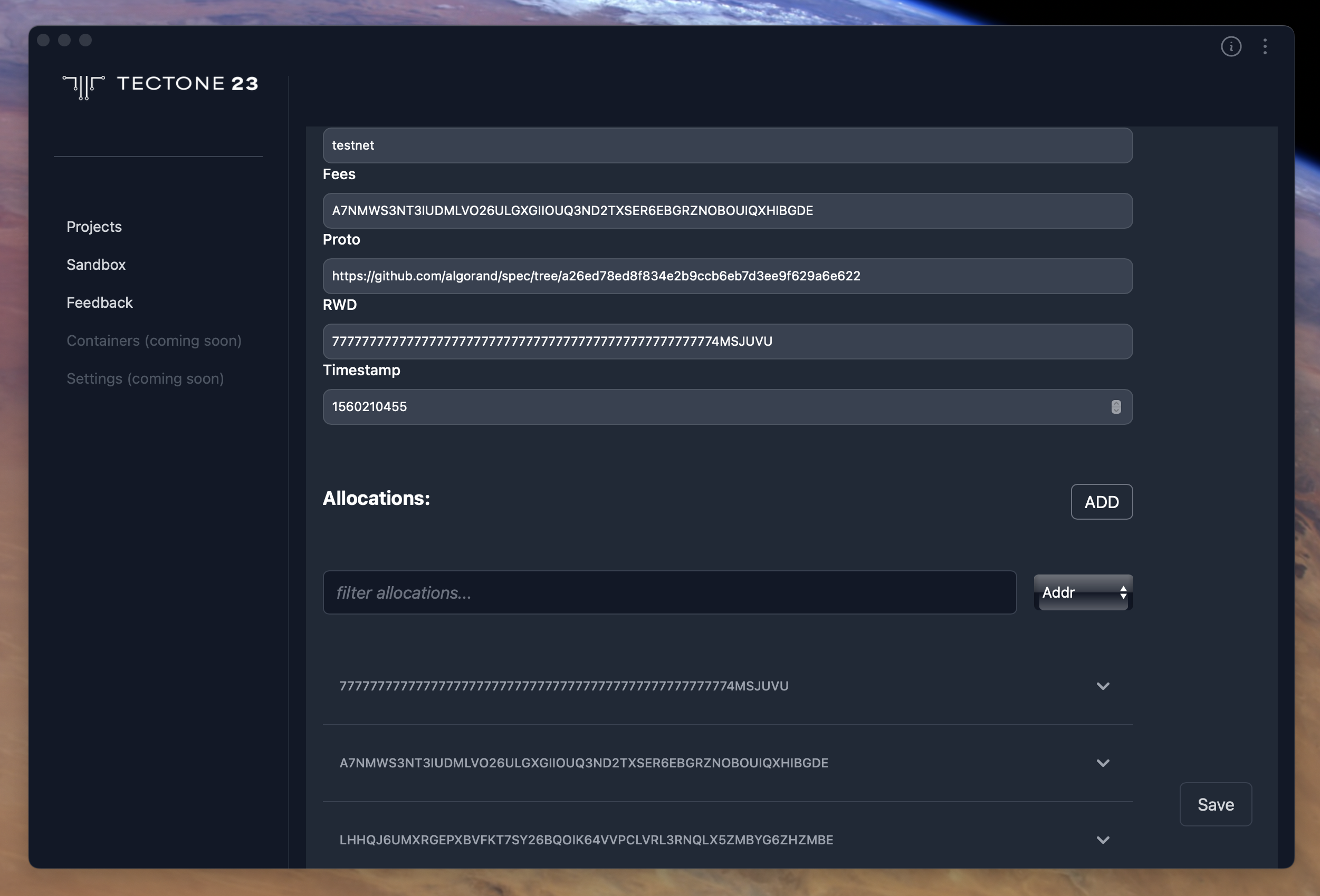 Project configuration Screen with view of Allocations