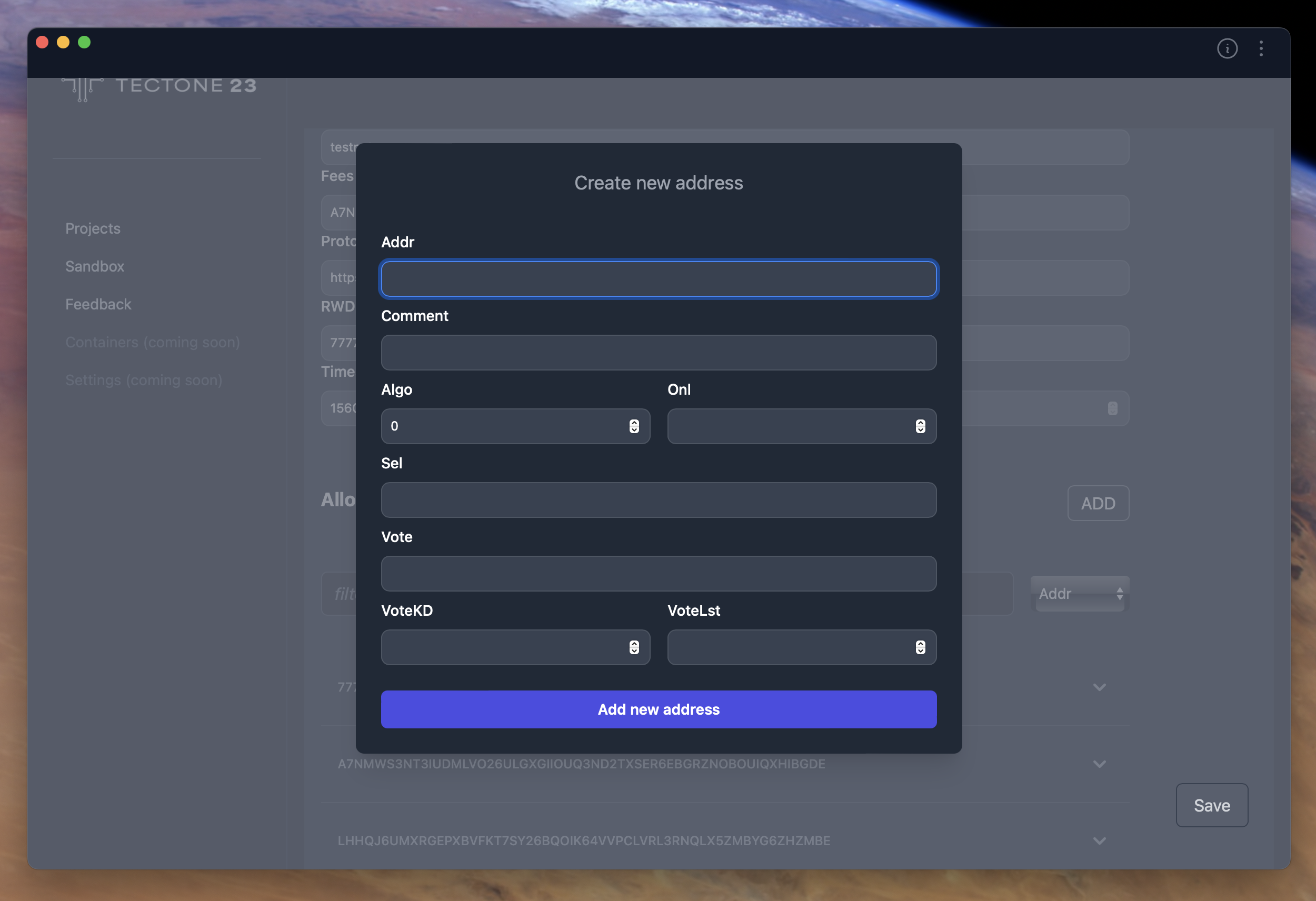 Project configuration Screen, with add new Allocation modal