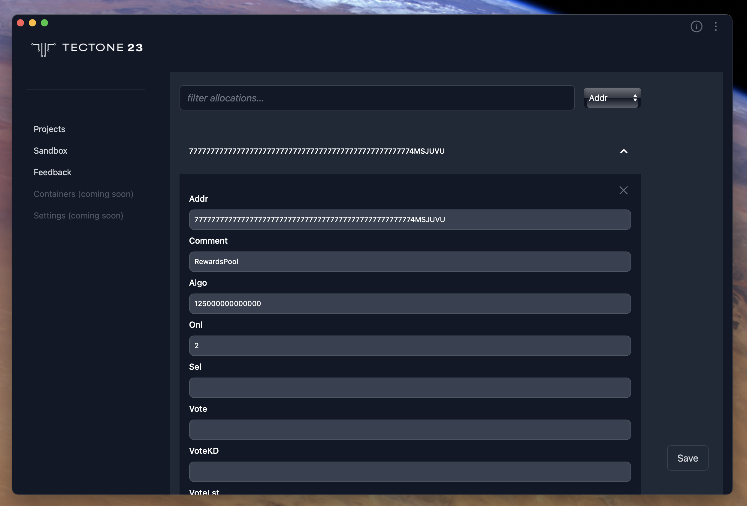 Project configuration Screen, with edit Allocation